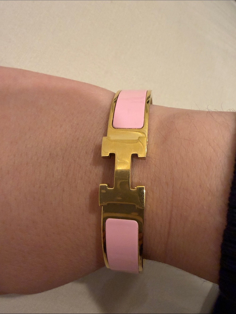 Hermes Gold-Tone Bracelet with Blush Pink Enamel H Clasp - Picture 6 of 7